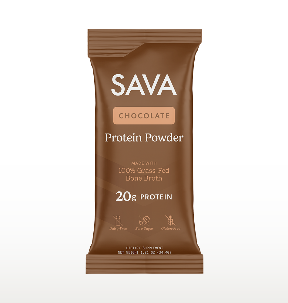 A single package of SAVA Chocolate Protein Powder, 20g protein, shown on a clean white background with a subtle shadow.