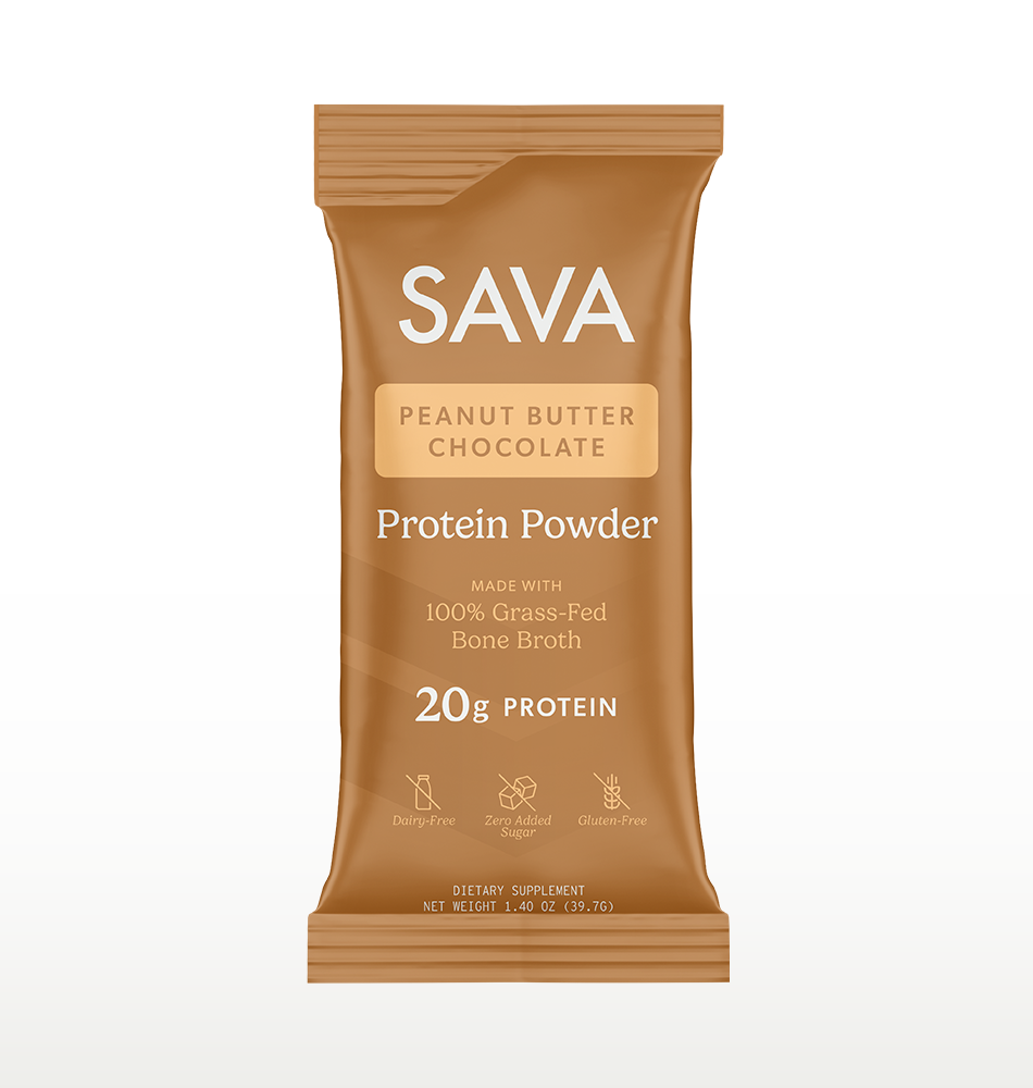 A single packet of SAVA Protein Powder in Peanut Butter Chocolate flavor, shown against a clean white background.