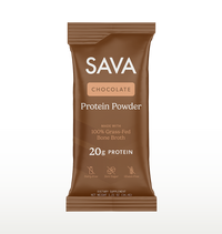A single package of SAVA Chocolate Protein Powder, 20g protein, shown on a clean white background with a subtle shadow.