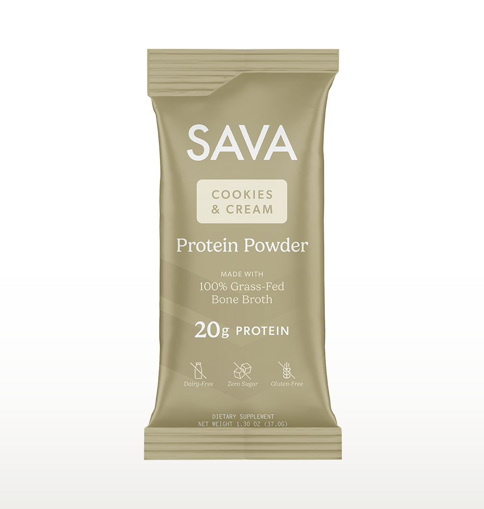 A single stand-up pouch of SAVA Cookies & Cream Protein Powder, shown on a clean white background. The packaging is a warm beige/taupe color with white text and a small cream-colored label.