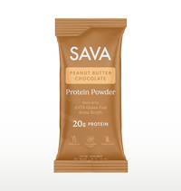 A single packet of SAVA Protein Powder in Peanut Butter Chocolate flavor, shown against a clean white background.